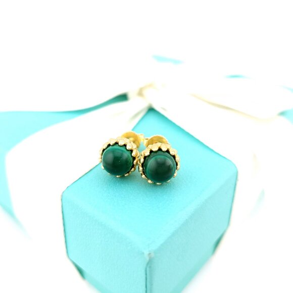 Tiffany & Co. 18k Yellow Gold Schlumberger Acorn 7mm Green Malachite Earrings